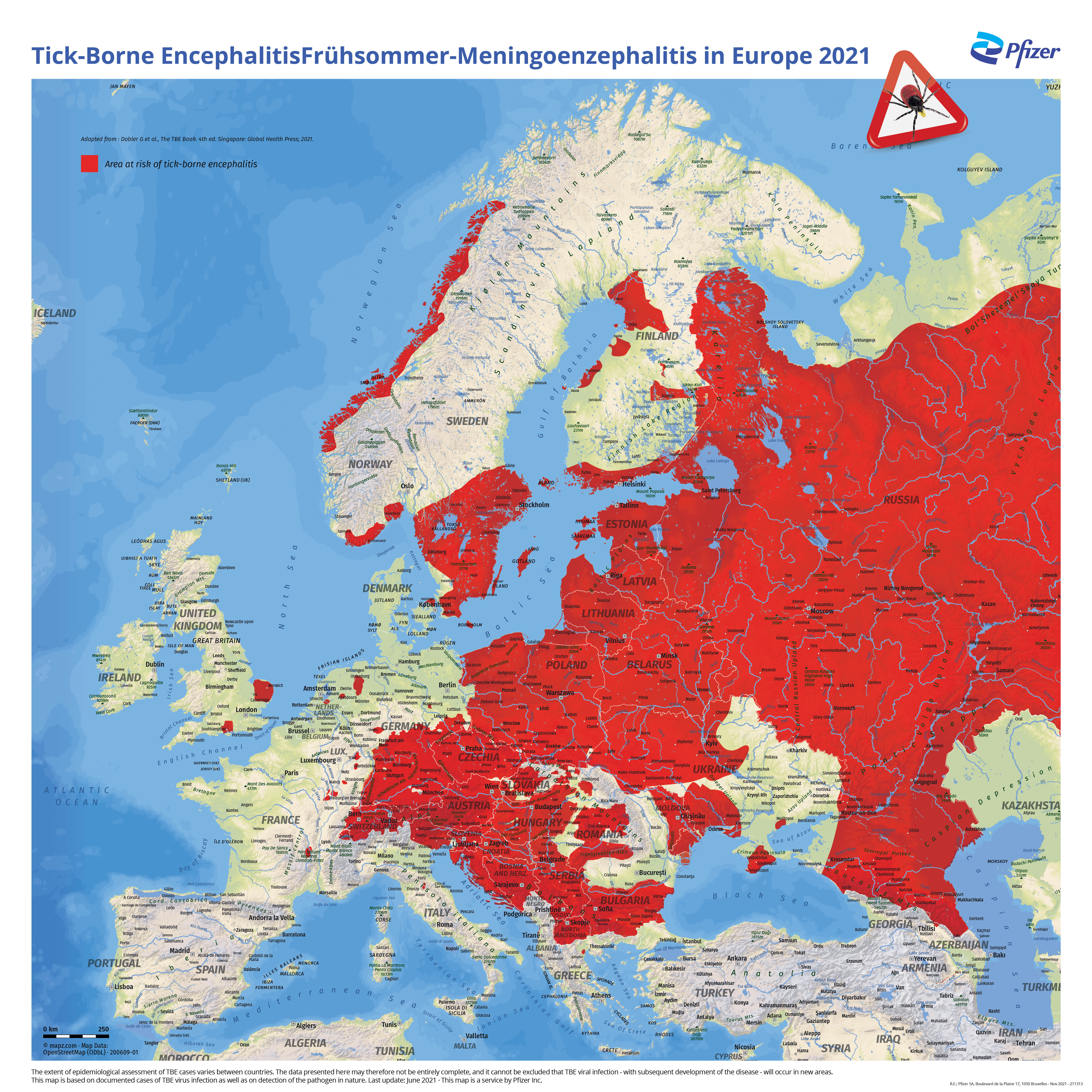 Map showing the distribution area of tick-borne encephalitis in Europe coloured red.