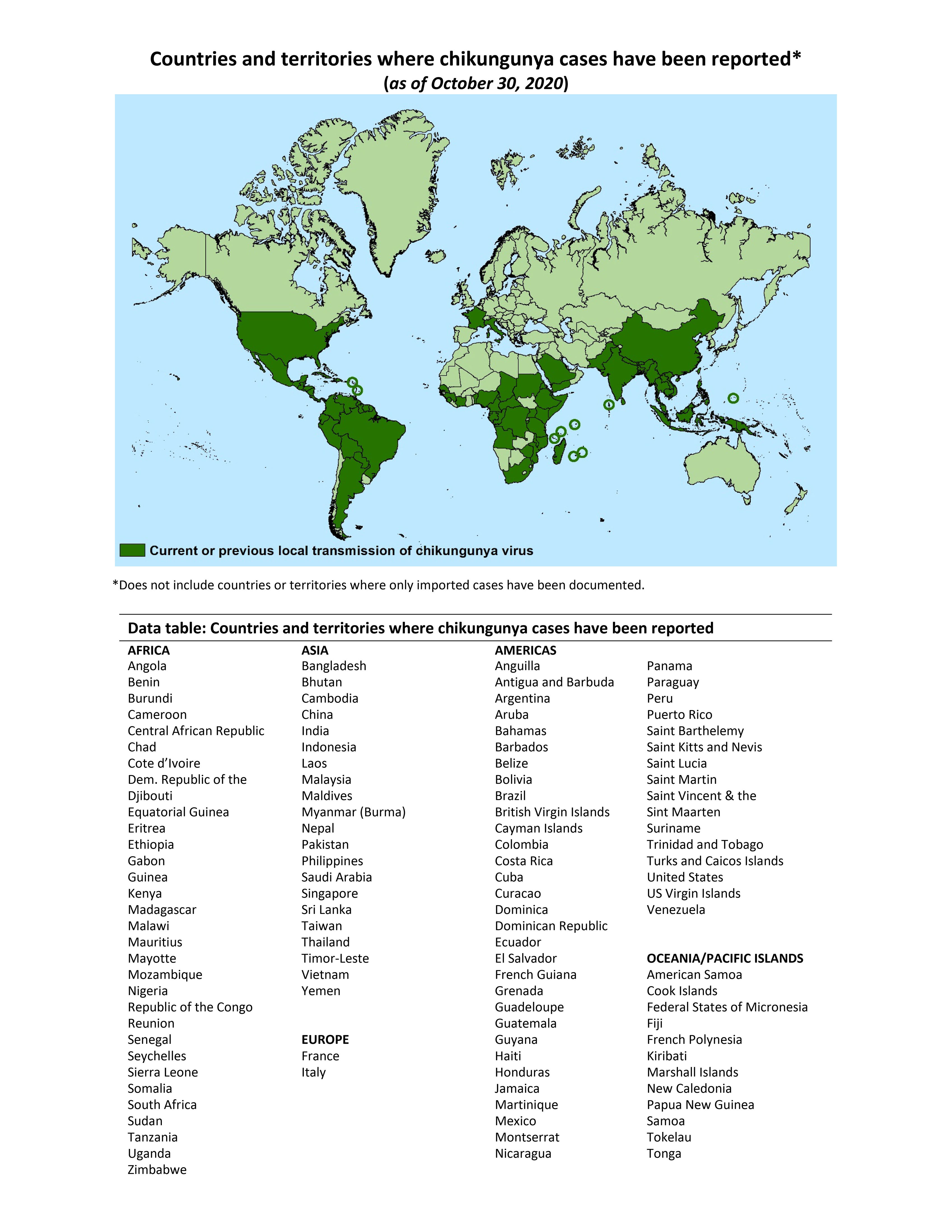 Carte montrant la zone de distribution du chikungunya en vert foncé.