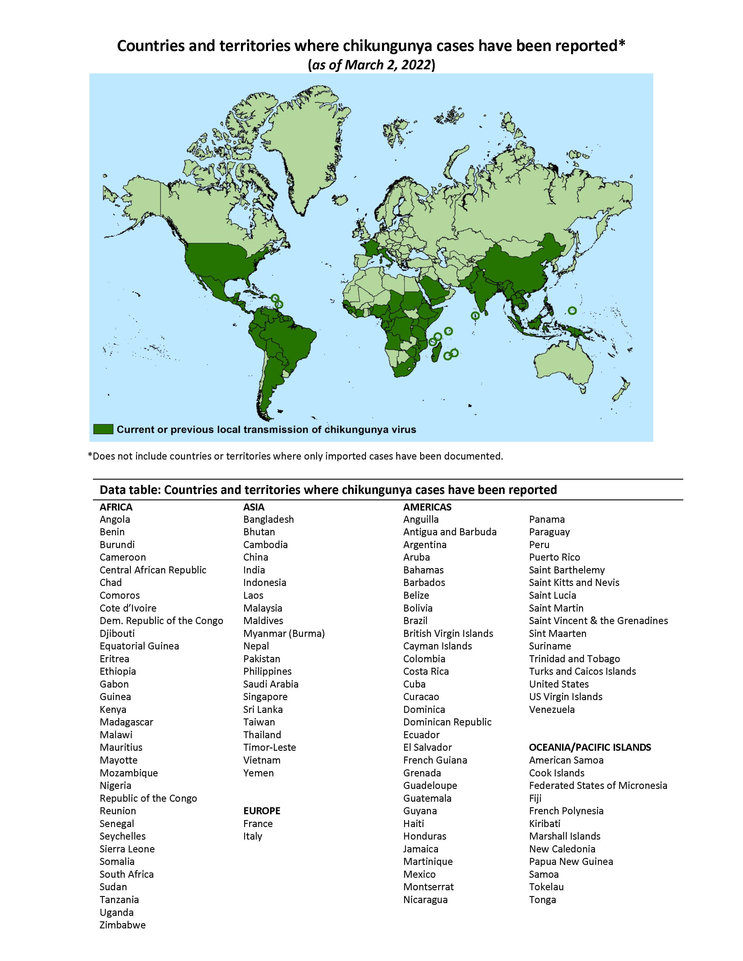 Carte montrant la zone de distribution du chikungunya en vert foncé. ©CDC