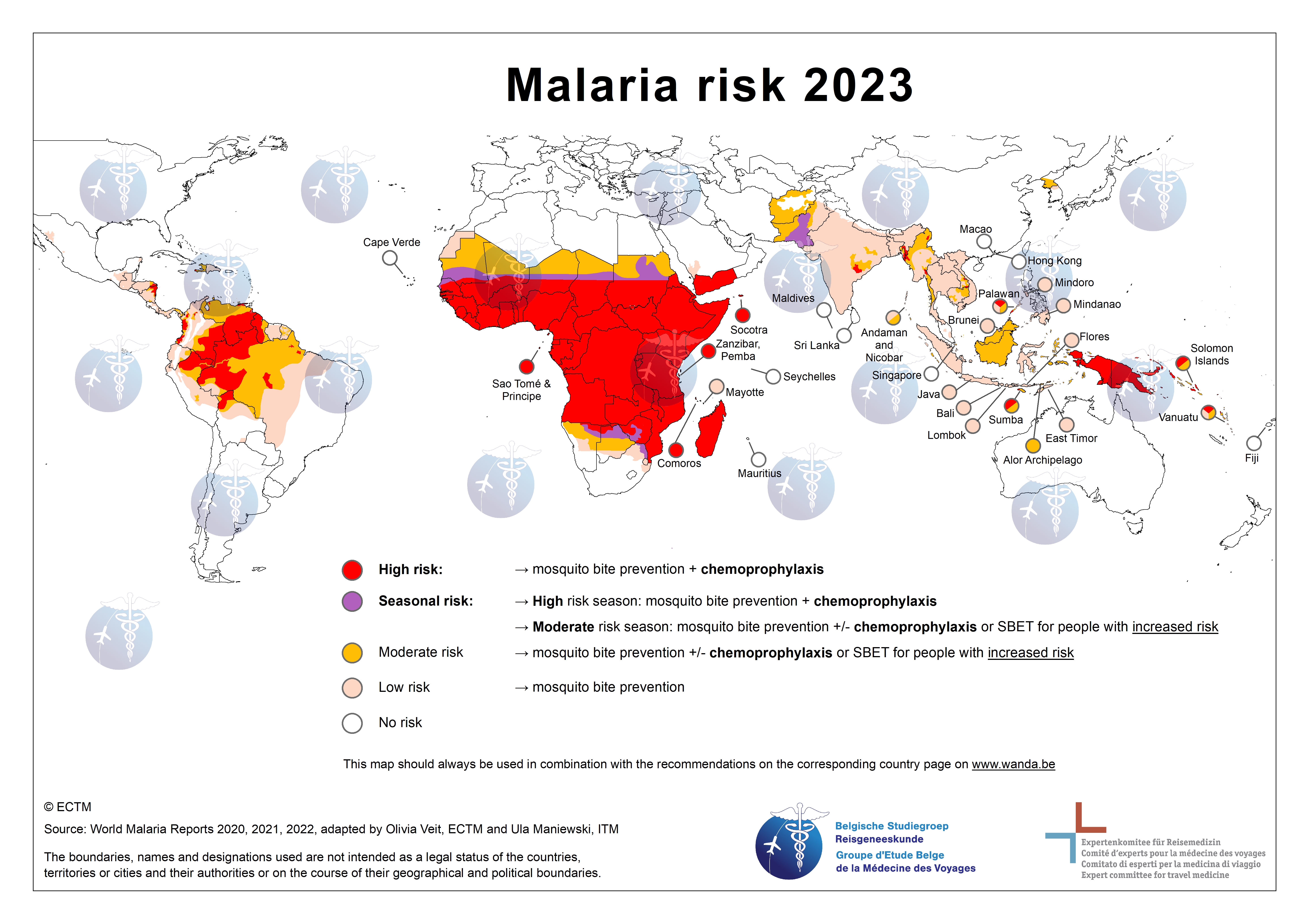 Wereldkaart met malariarisico en bijbehorende preventieve maatregelen
