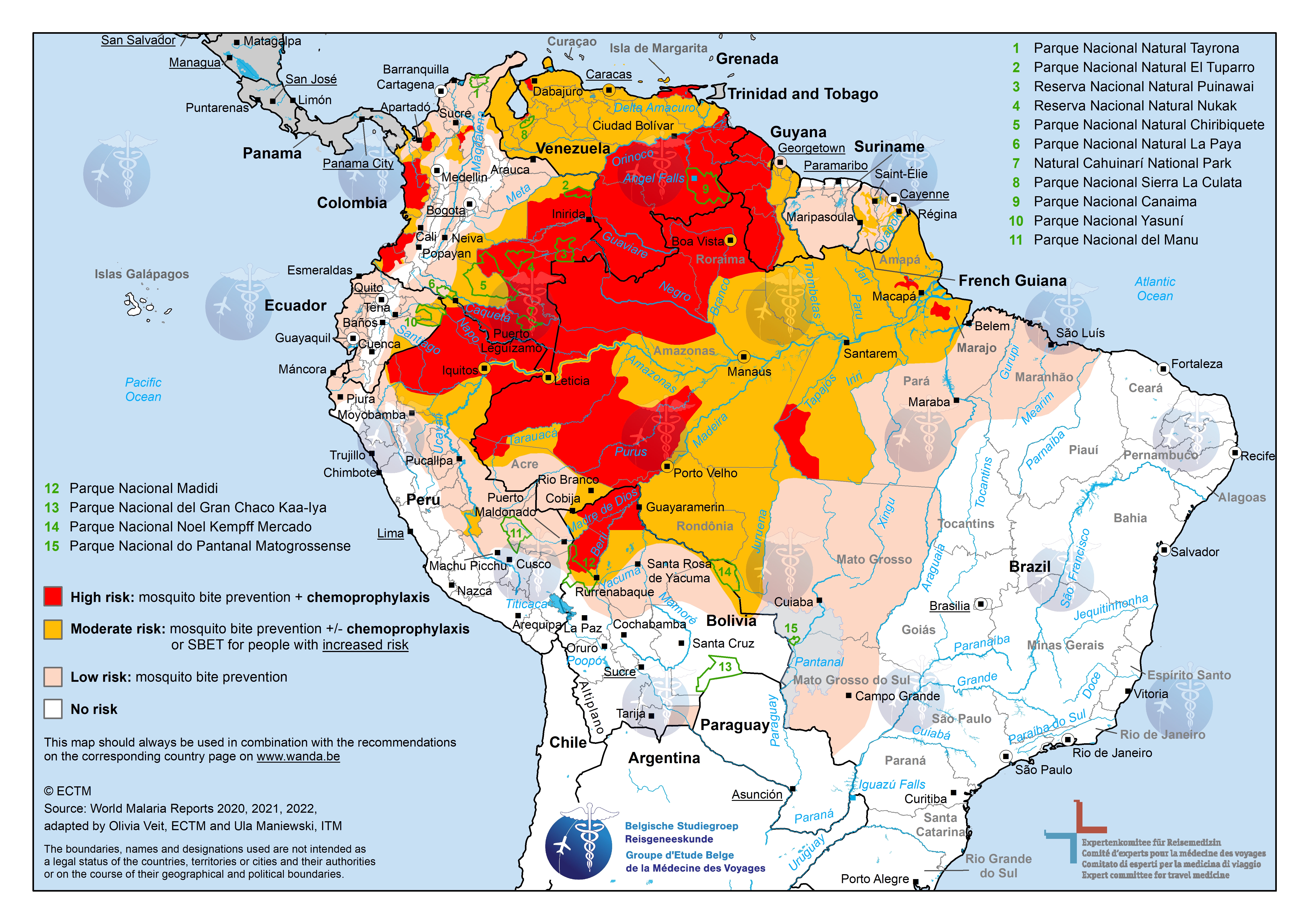 Carte de l'Amérique du sud avec les zones à risque de malaria