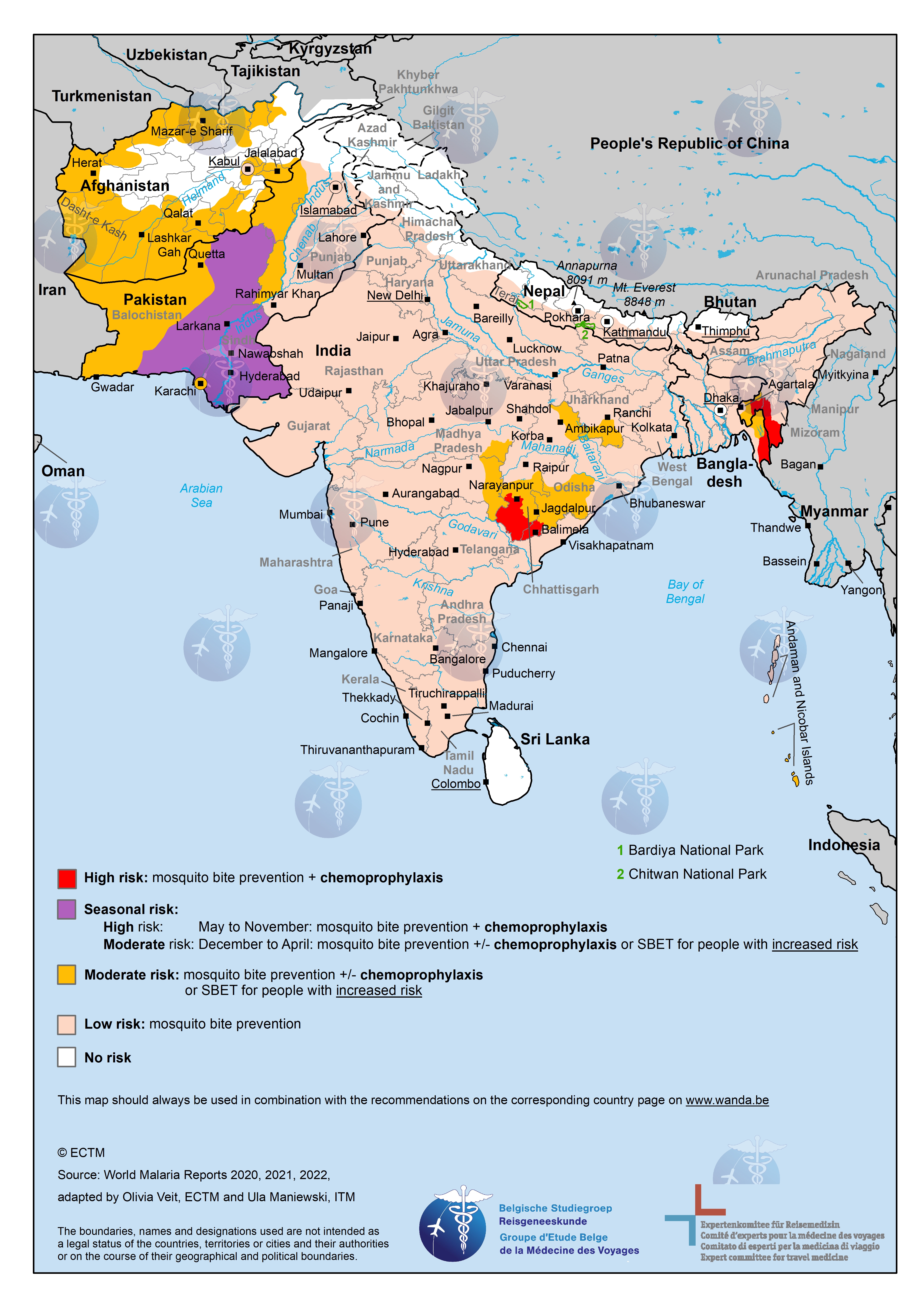 Map of South Asia with malaria risk areas