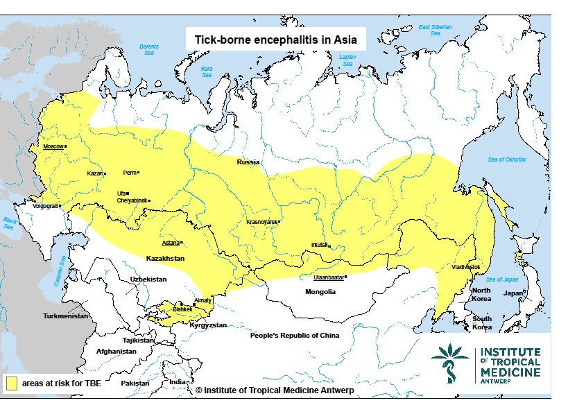 Carte de l'Asie avec les zones à risque d'encéphalite à tiques