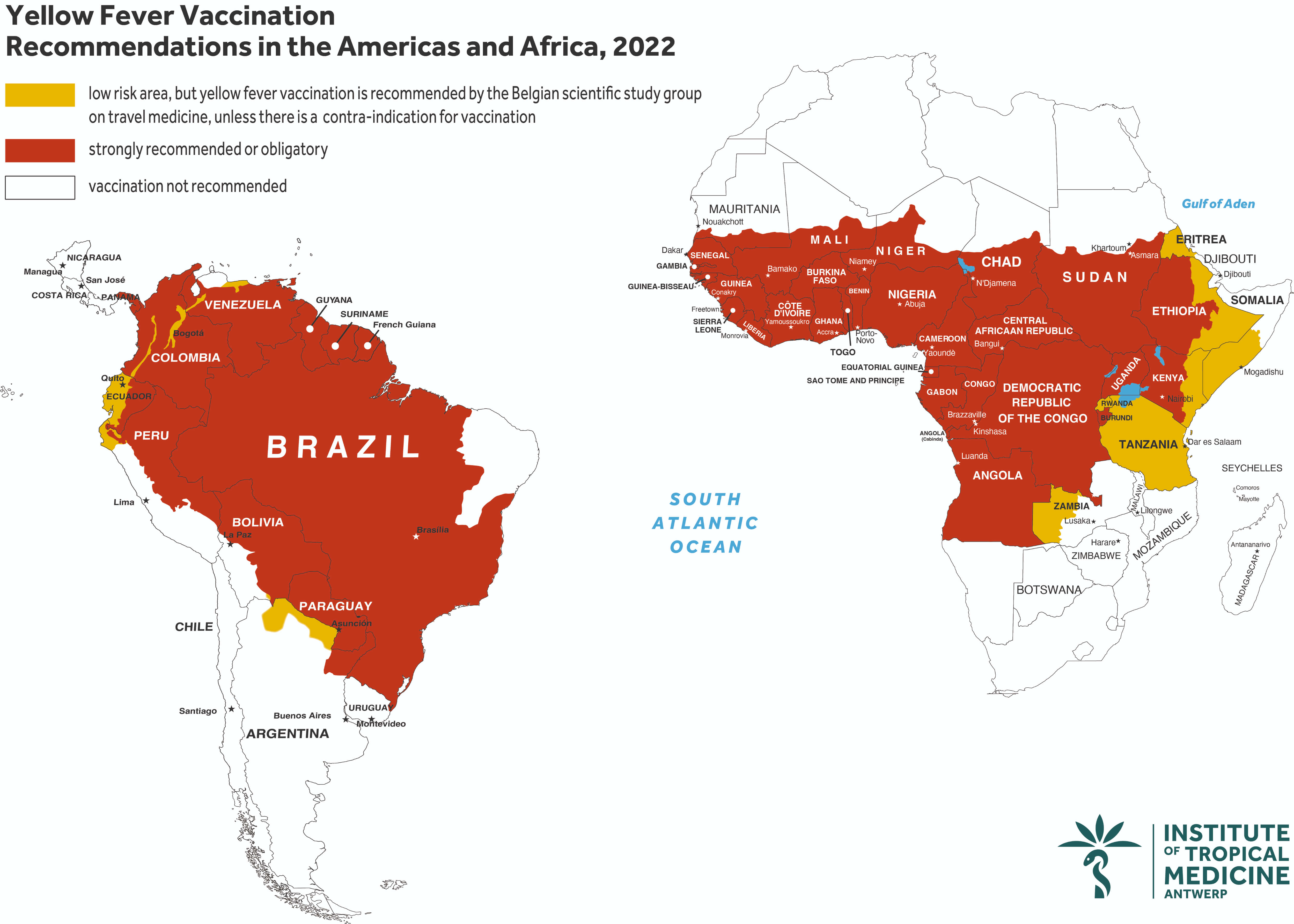 Wereldkaart met gele koorts-risicogebieden