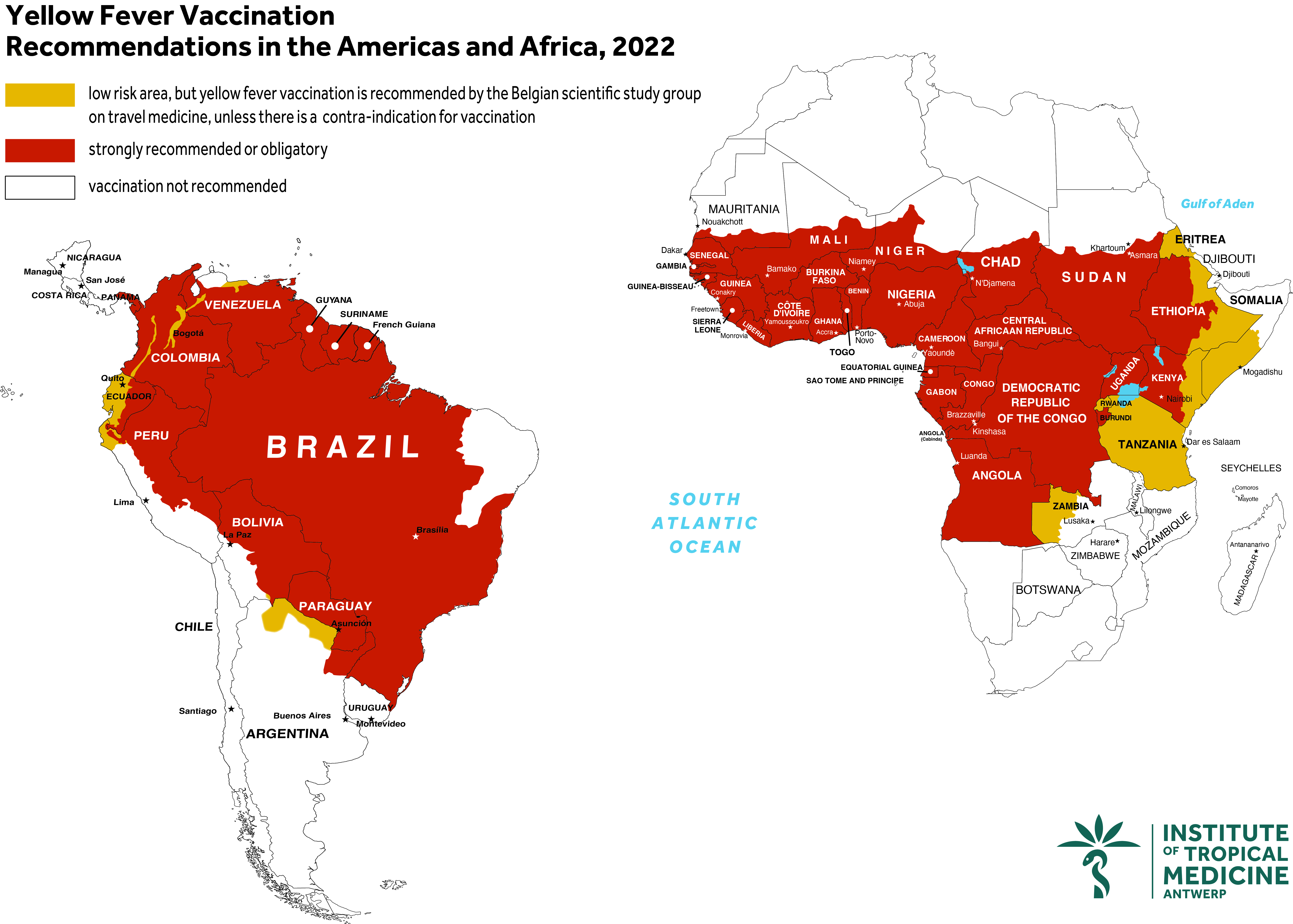 Kaart gele koorts-gebieden: kaart van Latijns- Amerika en Afrika, waarin de gebieden met risico op gele koorts rood of oranje zijn ingekleurd.